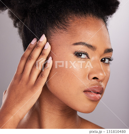 Skincare, beauty and touch, portrait black woman with pride, white background and cosmetics product. Health, dermatology and natural makeup, African model in studio for healthy skin care and wellness 131810480
