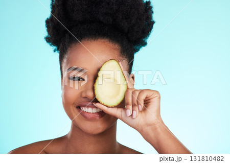 Avocado, woman smile and portrait of a young model with skincare, fruit and wellness for diet. Isolated, blue background and studio with a person with beauty, cosmetics and healthy food for skin glow 131810482