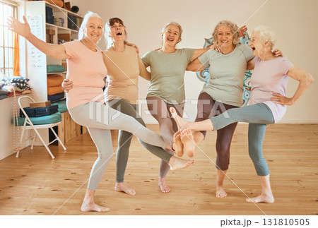 Friends, fitness and dance with a senior woman group having fun together in an exercise class. Gym, wellness and health with a mature female team training in a studio for an aerobic workout Friends, fitness and dance with a senior woman group having fun together in an exercise class. Gym, wellness and health with a mature female team training in a studio for an aerobic workout 131810505