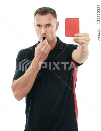 Referee man, red card and whistle portrait with hand warning for soccer rules, penalty or fail in studio. Fitness coach sign for mistake or caution for competition game isolated on a white background Referee man, red card and whistle portrait with hand warning for soccer rules, penalty or fail in studio. Fitness coach sign for mistake or caution for competition game isolated on a white background 131810528
