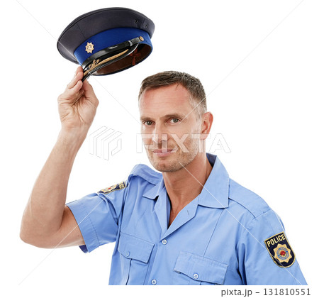 Portrait, police officer and man isolated on a white background, hat for leadership or safety in studio mockup. Security, law and compliance, professional person or attractive model in legal uniform 131810551