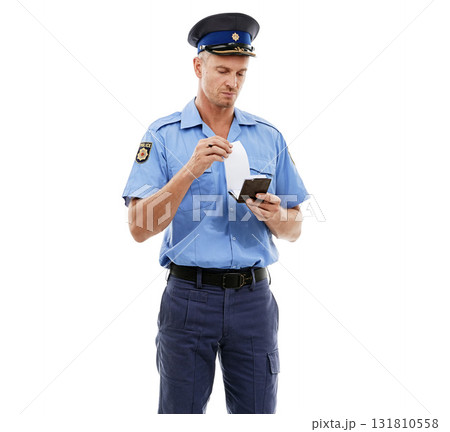 Ticket, parking fine and police writing on notepad for traffic rule, crime and public service on white background. Justice, law enforcement and policeman, security guard and safety officer with paper Ticket, parking fine and police writing on notepad for traffic rule, crime and public service on white background. Justice, law enforcement and policeman, security guard and safety officer with paper 131810558