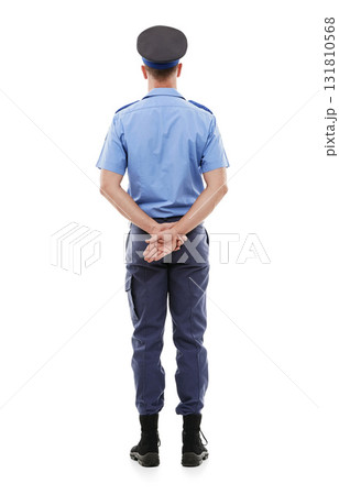 Police, law and rear view of man in studio for crime, protection and safety against white background. Security, authority and back of male official ready for crime, justice and protection isolated 131810568