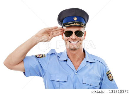 Security, salute and face of police smile on white background for authority, public safety and service. Community justice, law enforcement and isolated portrait of policeman, traffic cop and guard 131810572