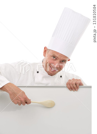 Chef, portrait and menu poster of a man with mockup space, banner or billboard for advertising food. Happy person with board sign and spoon for restaurant or cafe promotion white background in studio Chef, portrait and menu poster of a man with mockup space, banner or billboard for advertising food. Happy person with board sign and spoon for restaurant or cafe promotion white background in studio 131810584