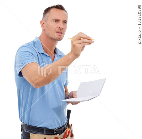 Inspection, writing and contractor man isolated on a white background notebook, planning and project management. Professional construction worker, carpenter or handyman person mockup notes in studio 131810599