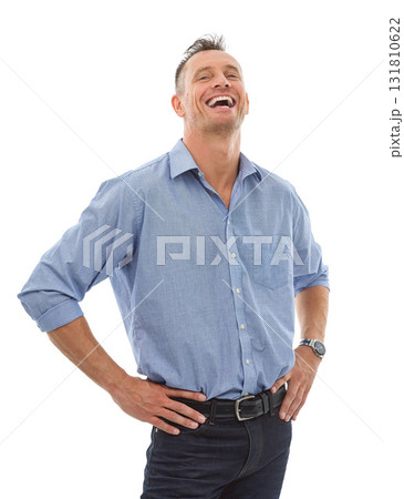 Laughing, portrait and business man in studio isolated on white background with success mindset. Ceo, boss and confident, proud and happy mature male entrepreneur from Canada, laugh at joke or comedy Laughing, portrait and business man in studio isolated on white background with success mindset. Ceo, boss and confident, proud and happy mature male entrepreneur from Canada, laugh at joke or comedy 131810622