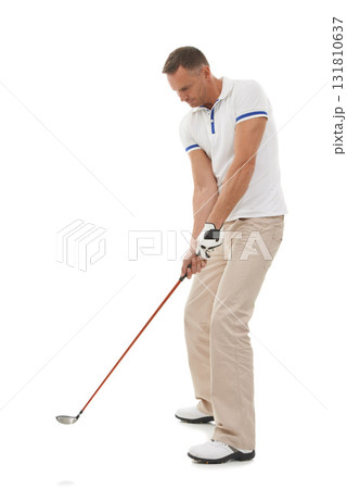 Golf man, sports and swing of driver in studio isolated on a white background ready to start game. Training, golfer and mature male swinging club for golfing workout, exercise and fitness practice. 131810637