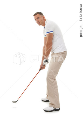 Golf man, sports and swing of club in studio isolated on a white background ready to start game. Training, thinking and mature male swinging driver for golfing workout, exercise and fitness match. 131810638