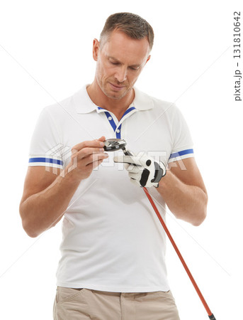 Sports, golf man and inspection of club in studio isolated on a white background ready to start game. Training, golfer and mature male checking driver for golfing workout, exercise and fitness match Sports, golf man and inspection of club in studio isolated on a white background ready to start game. Training, golfer and mature male checking driver for golfing workout, exercise and fitness match 131810642