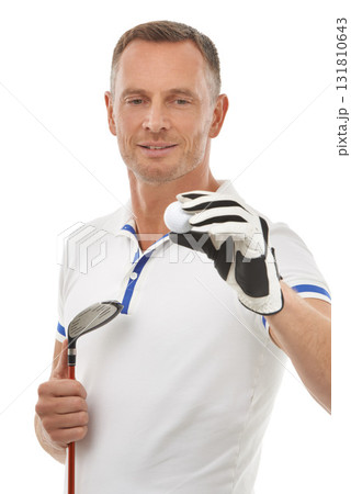 Sports ball, golf and man in studio isolated on a white background ready to start game. Training, golfer and mature male athlete holding club driver for golfing workout, exercise and fitness match. Sports ball, golf and man in studio isolated on a white background ready to start game. Training, golfer and mature male athlete holding club driver for golfing workout, exercise and fitness match. 131810643