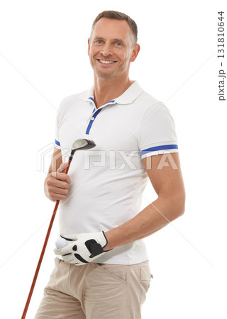 Sports portrait, golf and man in studio isolated on white background ready to start game. Training, golfer and mature male athlete carrying ball and club driver for workout, exercise or fitness match 131810644