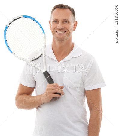 Tennis sports, portrait and man in studio isolated on a white background for exercise. Training, athlete and happy mature male with racket ready to start workout for health, fitness and wellness. 131810650