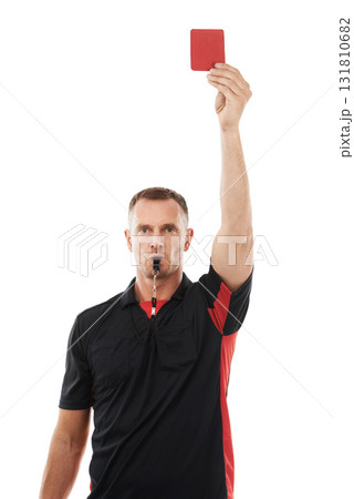 Sports referee, red card and man blowing whistle with hand warning for soccer rules, penalty or fail. Football coach sign for mistake or caution for competition game isolated on a white background Sports referee, red card and man blowing whistle with hand warning for soccer rules, penalty or fail. Football coach sign for mistake or caution for competition game isolated on a white background 131810682