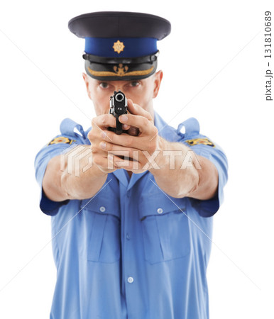 Police officer portrait, gun and man shooting for criminal law enforcement, public safety or studio security service. Violence protection guard, crime justice or hero aim isolated on white background 131810689