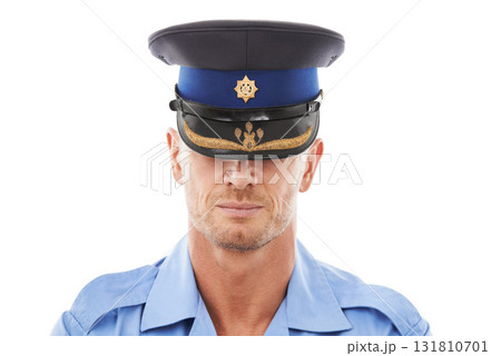 Law, police and headshot of man in studio for crime, protection and safety against white background. Security, authority and front of male official ready for crime, justice and protection isolated 131810701