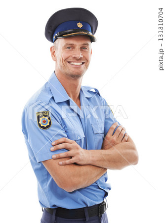 Police officer, arms crossed and man isolated on a white background for career vision, leadership and studio portrait. Security, law and compliance professional person or happy model in uniform Police officer, arms crossed and man isolated on a white background for career vision, leadership and studio portrait. Security, law and compliance professional person or happy model in uniform 131810704