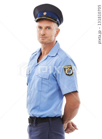 Safety, security and portrait of police on a white background for authority, leadership and public service. Law enforcement, justice and isolated legal guard, policeman and cop in uniform in studio Safety, security and portrait of police on a white background for authority, leadership and public service. Law enforcement, justice and isolated legal guard, policeman and cop in uniform in studio 131810705