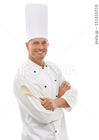 Portrait of French chef, spoon and smile with confidence, cafe owner isolated on white background. Happy executive cook, cooking for restaurant discount deal and menu special or promotion in studio. Portrait of French chef, spoon and smile with confidence, cafe owner isolated on white background. Happy executive cook, cooking for restaurant discount deal and menu special or promotion in studio. 131810718