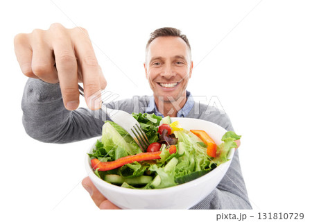 Healthy salad, food and vegetable with a man in studio for health, wellness and nutrition. Model person with green vegan lunch or brunch bowl in hands isolated on a white background for strong immune Healthy salad, food and vegetable with a man in studio for health, wellness and nutrition. Model person with green vegan lunch or brunch bowl in hands isolated on a white background for strong immune 131810729
