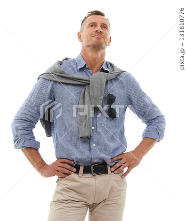 Confidence, fashion and mature man thinking in studio with mindset, future and positivity on white background. Attitude, fierce and casual male posing in power, confident or proud pose while isolated Confidence, fashion and mature man thinking in studio with mindset, future and positivity on white background. Attitude, fierce and casual male posing in power, confident or proud pose while isolated 131810776