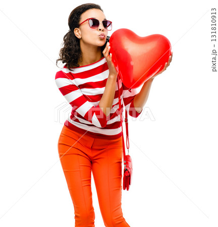 Woman, kiss or balloon heart on isolated white background for valentines day, romance or love. Model, face or kissing emoji expression and inflatable romantic toy, trendy or fashion clothes on mockup Woman, kiss or balloon heart on isolated white background for valentines day, romance or love. Model, face or kissing emoji expression and inflatable romantic toy, trendy or fashion clothes on mockup 131810913