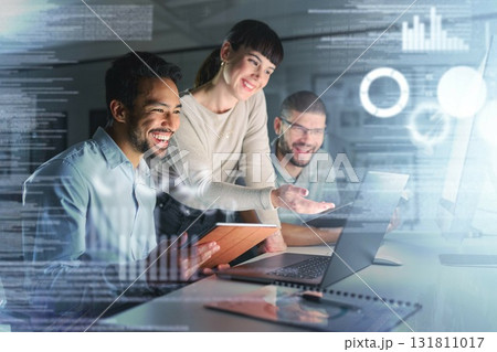 Teamwork, laptop hologram and people success in data analytics, cyber security research and cloud computing. Coding, programming and developer woman or group with software solution in night overlay 131811017