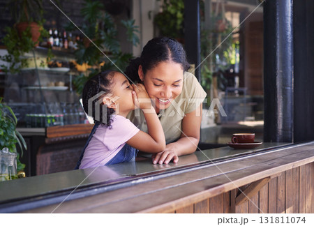 Secret, children and a black family in a coffee shop with a girl whispering in the ear of her mother. Kids, gossip and whisper with a secretive female child telling her mom a mystery in a cafe Secret, children and a black family in a coffee shop with a girl whispering in the ear of her mother. Kids, gossip and whisper with a secretive female child telling her mom a mystery in a cafe 131811074