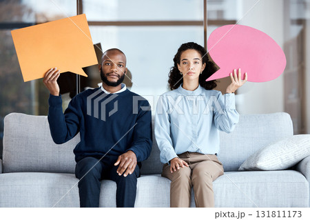 Black man, woman and speech bubble with space on sofa for opinion, idea or advice in portrait together for therapy. Psychology consultation, couch and poster for mock up, communication and support Black man, woman and speech bubble with space on sofa for opinion, idea or advice in portrait together for therapy. Psychology consultation, couch and poster for mock up, communication and support 131811173