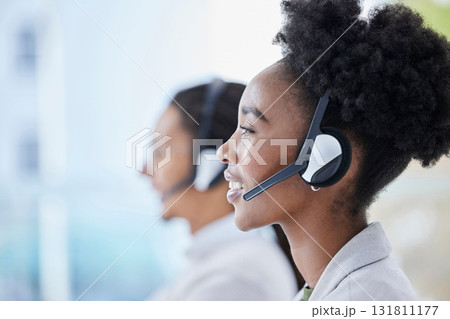 Call center, black woman and crm, telemarketing and customer service in office on blurred background. Faq, consulting and girl with online support, help and advice, contact us and friendly service 131811177