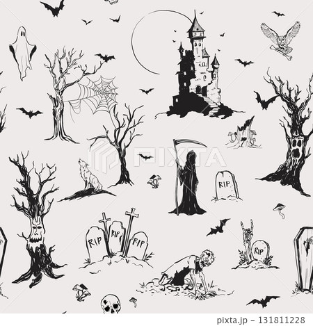 Vector Halloween seamless pattern with cemetery. Hand painted holiday template isolated on beige background. Illustration for design, print or background. 131811228