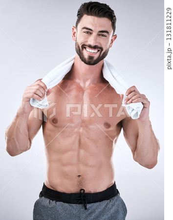 Fitness, portrait and beauty man isolated on a white background in exercise, aesthetic and muscle goals. Sweat, sexy bodybuilder or sports person health, wellness and stomach, abs or workout success Fitness, portrait and beauty man isolated on a white background in exercise, aesthetic and muscle goals. Sweat, sexy bodybuilder or sports person health, wellness and stomach, abs or workout success 131811229