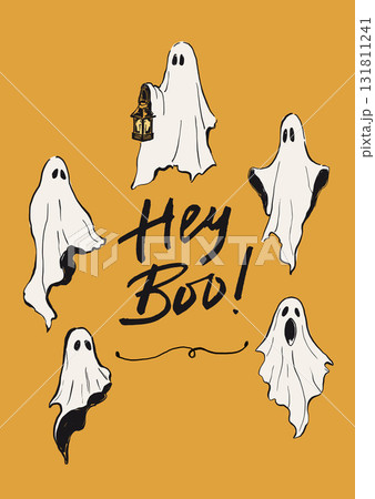 Vector Halloween card with ghosts. Hand painted holiday template isolated on mustard yellow background. Illustration for design, print or background. Halloween poster. 131811241
