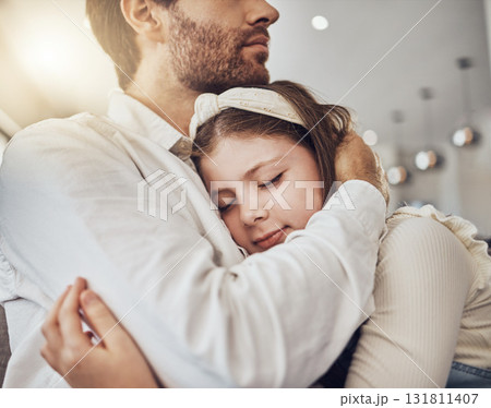 Love, hug or father with a girl to relax as a family bonding in Australia with trust, childcare or safety. Hugging, sleeping or dad with calm kid enjoying quality time on a peaceful holiday at home Love, hug or father with a girl to relax as a family bonding in Australia with trust, childcare or safety. Hugging, sleeping or dad with calm kid enjoying quality time on a peaceful holiday at home 131811407
