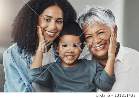 Love, smile and face portrait of happy family relax, bonding and enjoy quality time together in Brazil. Holiday apartment, happiness and young youth child, mother and grandmother in vacation home 131811438