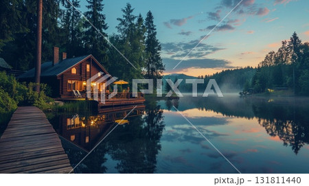 A cozy wooden cabin with a deck sits beside a misty lake reflecting the twilight sky and forest A cozy wooden cabin with a deck sits beside a misty lake reflecting the twilight sky and forest 131811440