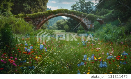 Overgrown stone arch bridge in a vibrant meadow bursting with colorful wildflowers and lush green foliage 131811473
