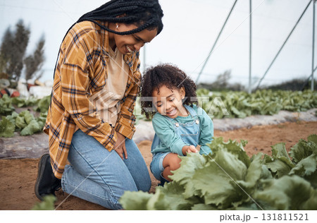 Agriculture, farm and mother with girl in greenhouse garden to check growth of plants. Black family, agro learning and care of mom laughing with kid on field for harvest, farming or sustainability 131811521