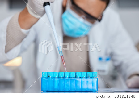 Sample, pipette and science research by scientist in a laboratory or lab for analytics of covid virus vaccine. Professional, technician and expert with phd for medical development or innovation 131811549