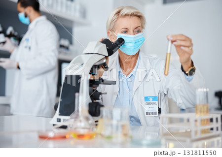 Science, microscope and woman face mask, test tube analysis of bacteria, virus or liquid solution in laboratory. Health research, medical vaccine or medicine scientist, expert of pharmaceutical data Science, microscope and woman face mask, test tube analysis of bacteria, virus or liquid solution in laboratory. Health research, medical vaccine or medicine scientist, expert of pharmaceutical data 131811550