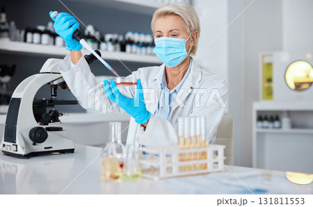 Woman, doctor and micro pipette with mask for experiment, sample or covid testing in scientific research or exam in lab. Female scientist or medical expert working with chemical in science laboratory 131811553