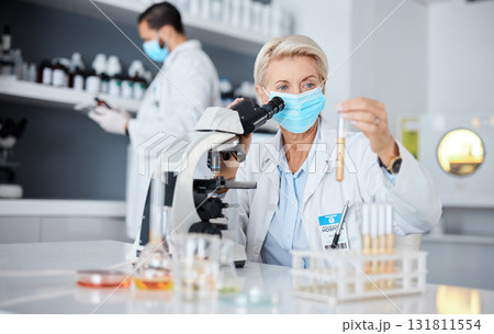 Microscope, face mask and scientist woman analysis of bacteria, virus or covid liquid solution in laboratory. Biotechnology, vaccine research or medicine study of science person, expert and test tube Microscope, face mask and scientist woman analysis of bacteria, virus or covid liquid solution in laboratory. Biotechnology, vaccine research or medicine study of science person, expert and test tube 131811554