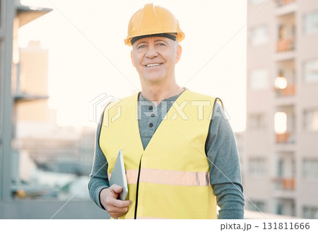 Construction, tablet and portrait of old man in city with vision, planning and ideas for property development. Engineering, architecture and face of builder, maintenance worker and contractor smile Construction, tablet and portrait of old man in city with vision, planning and ideas for property development. Engineering, architecture and face of builder, maintenance worker and contractor smile 131811666