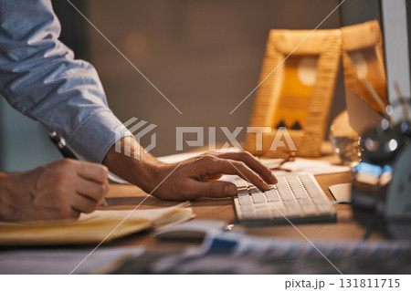 Business man, hands and writing, keyboard zoom and data with analytics and IT code, work overtime with deadline. Working night, email and programming, checklist with digital notes and software update Business man, hands and writing, keyboard zoom and data with analytics and IT code, work overtime with deadline. Working night, email and programming, checklist with digital notes and software update 131811715