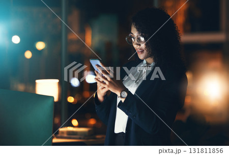 Black woman, business phone and night bokeh lights for communication, network connection and chat. Entrepreneur person in dark office for social media, networking or mobile app 131811856