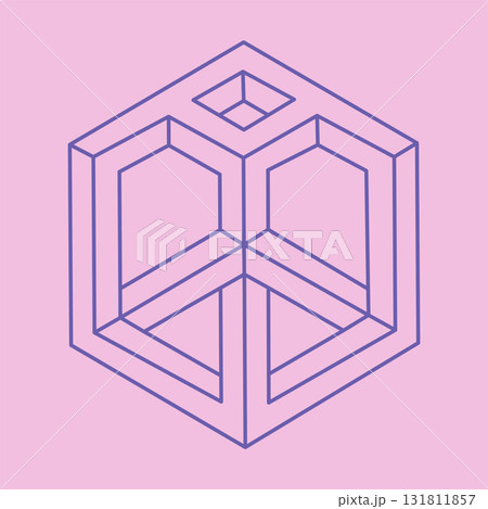 Impossible shape. Logo. Sacred geometry figure. Optical illusion. Abstract eternal geometric object. Impossible endless outline. Line art. Optical art. Impossible geometry shape on a pink background. 131811857
