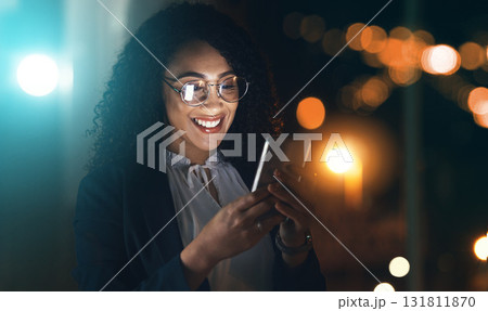 Business, black woman and phone with night bokeh lights for communication and network connection. Entrepreneur person in dark office for social media, networking or mobile app for online review chat 131811870
