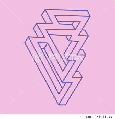 Optical illusion logo. Impossible shapes. Sacred geometry figures. Abstract eternal geometric objects. Impossible endless outline shapes. Op art. Impossible geometry shape on a pastel pink background. 131811955