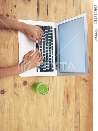 Laptop, hands and nutritionist blog by woman typing, post or review on healthy mockup screen. Social media, health and influencer hand of girl writing online weight loss, wellness or smoothie recipe 131811962