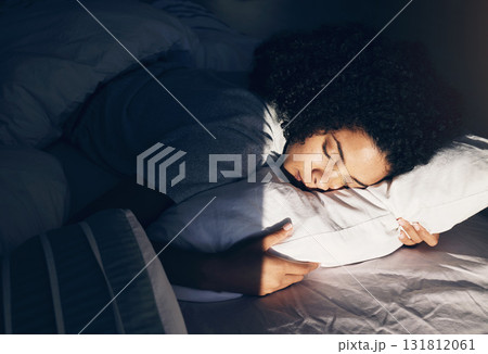 Black woman, bed and sleeping at night for peace, quiet and rest or relax in home bedroom. Person with pillow to dream, security or for calm sleep with nap or comfort with duvet for wellness Black woman, bed and sleeping at night for peace, quiet and rest or relax in home bedroom. Person with pillow to dream, security or for calm sleep with nap or comfort with duvet for wellness 131812061